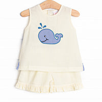 Whale's Tail Applique Ruffle Short Set, Yellow Seersucker