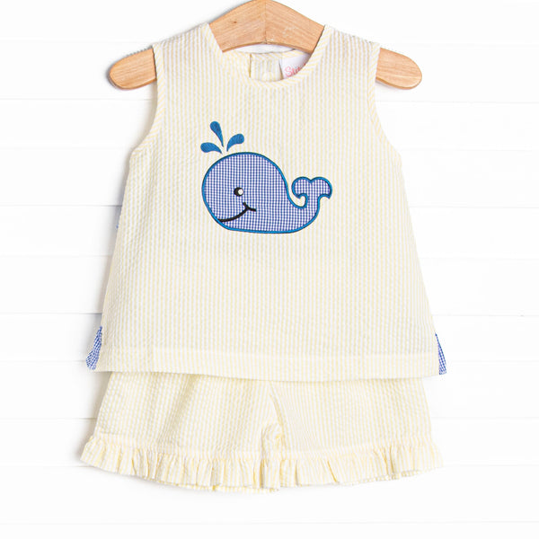 Whale's Tail Applique Ruffle Short Set, Yellow Seersucker