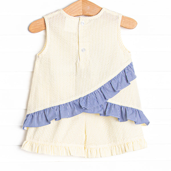 Whale's Tail Applique Ruffle Short Set, Yellow Seersucker