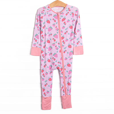 &nbsp;This zippy is made of the extremely soft, stretchy bamboo viscose fabric that feels like butter. With fold over cuffs at the feet so it can be worn as a romper or a zippy, a double zipper for easier diaper changes, and a strawberry print