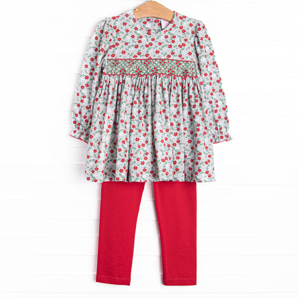 Holly Jolly Floral Smocked Legging Set, Green