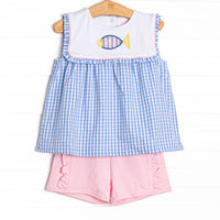 Fish Tails Applique Ruffle Bib Short Set, Blue