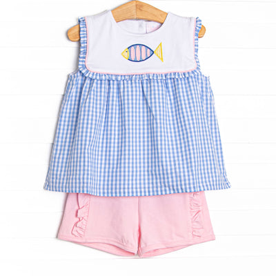 Fish Tails Applique Ruffle Bib Short Set, Blue