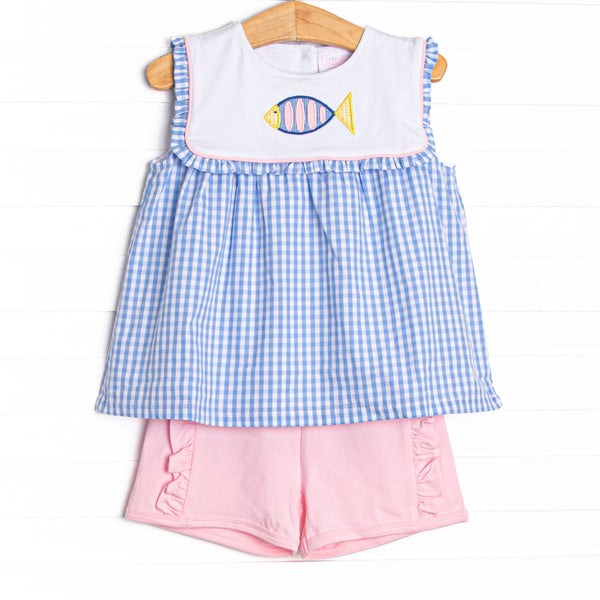 Fish Tails Applique Ruffle Bib Short Set, Blue