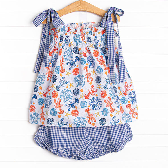 Coral Reef Crustacean Ruffle Short Set, Blue