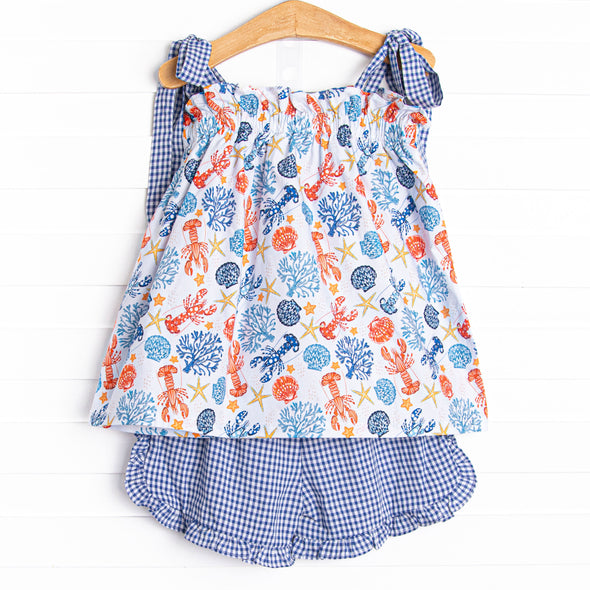 Coral Reef Crustacean Ruffle Short Set, Blue