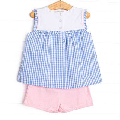 Fish Tails Applique Ruffle Bib Short Set, Blue