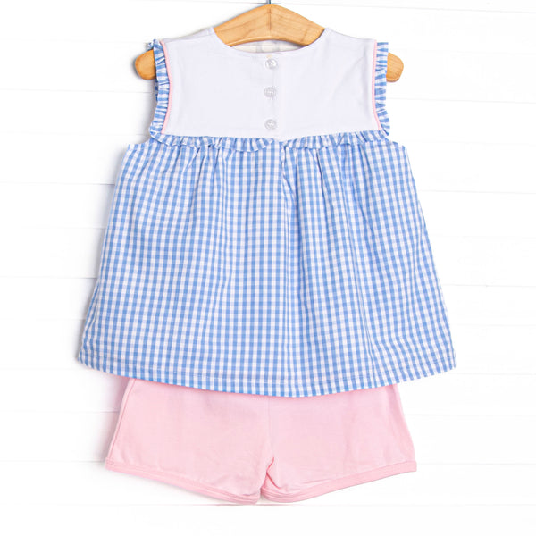 Fish Tails Applique Ruffle Bib Short Set, Blue