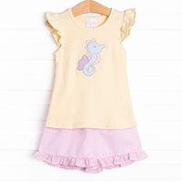 Seahorse Season Applique Ruffle Short Set, Yellow