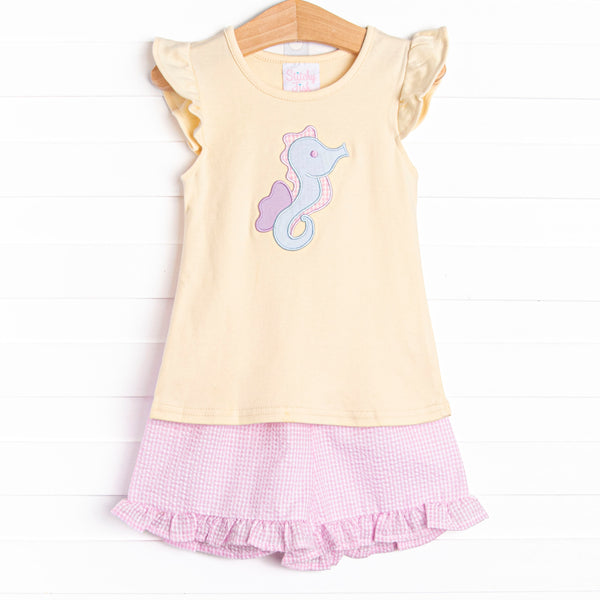 Seahorse Season Applique Ruffle Short Set, Yellow
