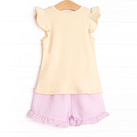 Seahorse Season Applique Ruffle Short Set, Yellow