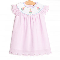 Coastal Cruise Smocked Bishop Dress, Pink Seersucker