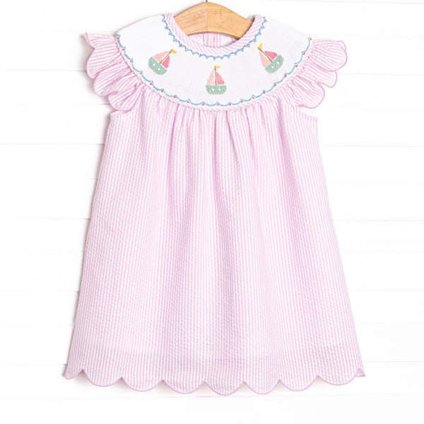 Coastal Cruise Smocked Bishop Dress, Pink Seersucker