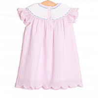 Coastal Cruise Smocked Bishop Dress, Pink Seersucker