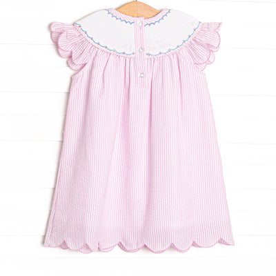 Coastal Cruise Smocked Bishop Dress, Pink Seersucker