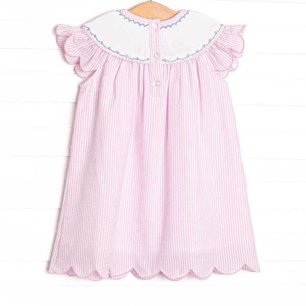 Coastal Cruise Smocked Bishop Dress, Pink Seersucker
