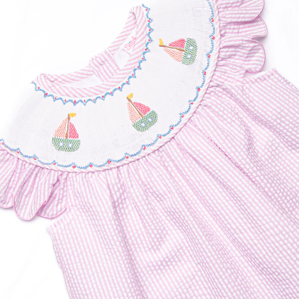 Coastal Cruise Smocked Bishop Dress, Pink Seersucker