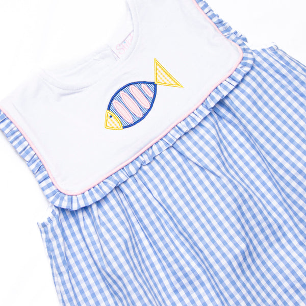 Fish Tails Applique Ruffle Bib Short Set, Blue