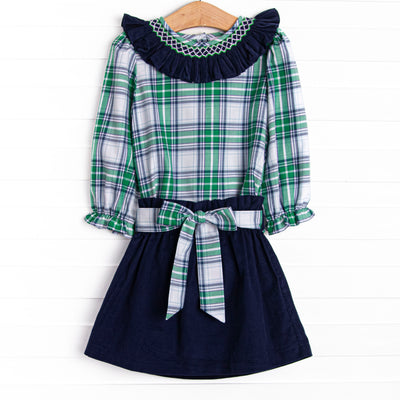 Blue Christmas Smocked Skirt Set, Green