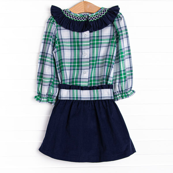 Blue Christmas Smocked Skirt Set, Green