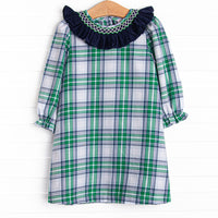 Blue Christmas Smocked Dress, Green