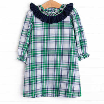 Blue Christmas Smocked Dress, Green