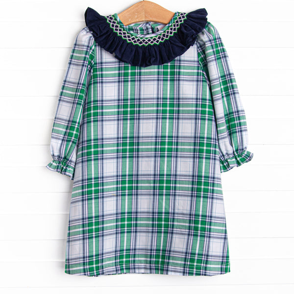 Blue Christmas Smocked Dress, Green