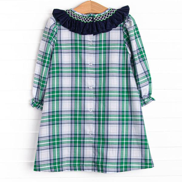 Blue Christmas Smocked Dress, Green