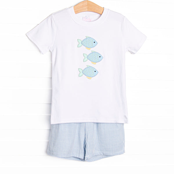 This set features a short sleeve top with a trio of fish appliques and a blue striped shorts to match.