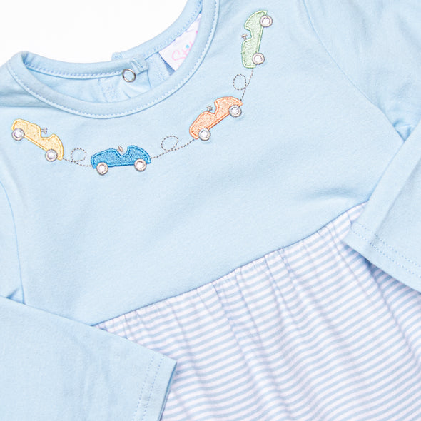 Around the Track Embroidered Romper, Blue
