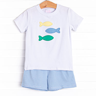 School of Fish Applique Short Set, Blue