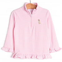  Featuring light pink stripes, a quarter zipper, and a puppy embroidery, this pullover will keep her warm on cool summer days. 