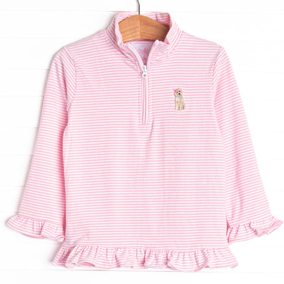  Featuring light pink stripes, a quarter zipper, and a puppy embroidery, this pullover will keep her warm on cool summer days. 