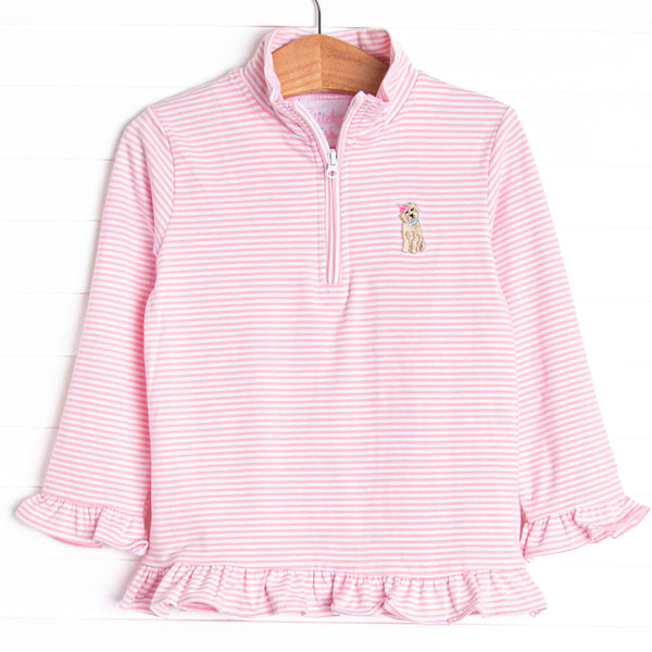  Featuring light pink stripes, a quarter zipper, and a puppy embroidery, this pullover will keep her warm on cool summer days. 