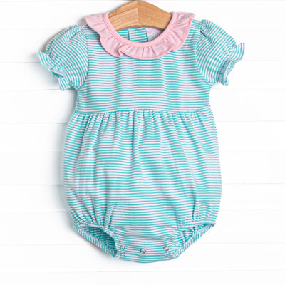 This cozy knit favorite is a staple for every little girl's closet. Featured here in mint green stripe. Puff sleeves and pink ruffle collar add adorable details!