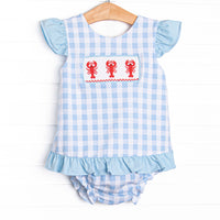 Off Land Lobster Smocked Ruffle Diaper Set, Blue
