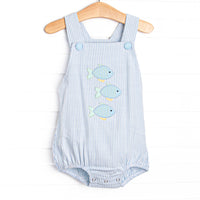 This bubble features a blue striped print, snaps on the stride, and a trio of fish appliques.