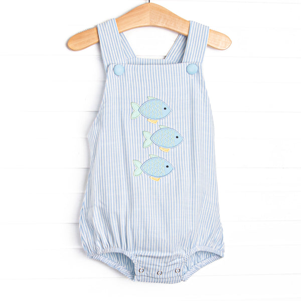 This bubble features a blue striped print, snaps on the stride, and a trio of fish appliques.