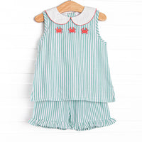 Cutest Crab Trio Applique Ruffle Short Set, Green