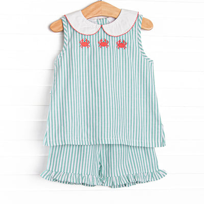 Cutest Crab Trio Applique Ruffle Short Set, Green