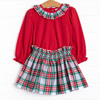 This set features a red long sleeve top with a plaid ruffle collar, and plaid skirt with the daintiest smocking.