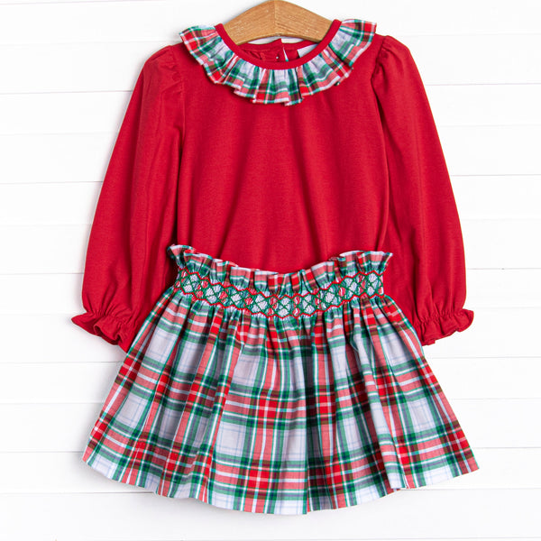This set features a red long sleeve top with a plaid ruffle collar, and plaid skirt with the daintiest smocking.