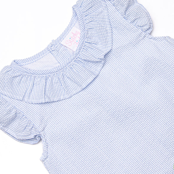 Sorrento Stripes Applique Ruffle Short Set, Blue Seersucker