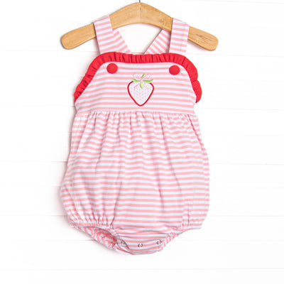 This bubble features a pink striped print, red ruffle trim, and a strawberry applique.