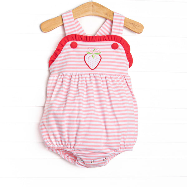 This bubble features a pink striped print, red ruffle trim, and a strawberry applique.