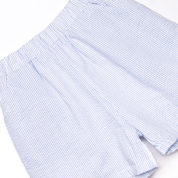 Sorrento Stripes Applique Ruffle Short Set, Blue Seersucker