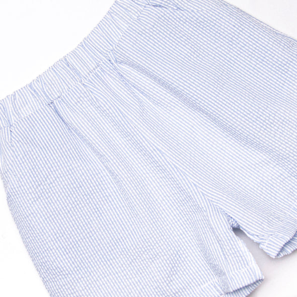Sorrento Stripes Applique Ruffle Short Set, Blue Seersucker