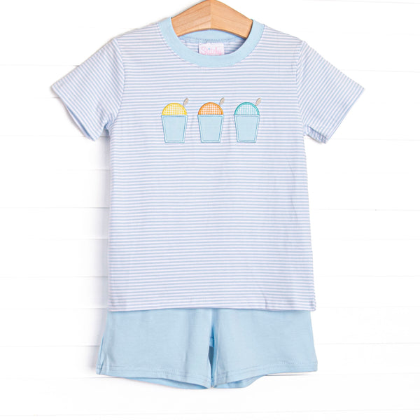 Summer Snow Cones Applique Short Set, Blue Stripe