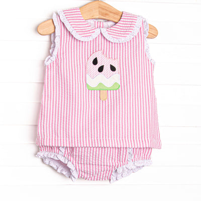  This set features a pink seersucker print, a peter pan collar with polka dot ruffle trim, and a watermelon applique. Matching ruffle diaper cover to complete the set. 