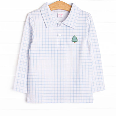 This top features a blue windowpane print, a polo collar, and a Christmas tree applique.